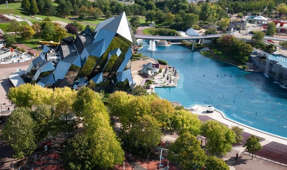 Poitiers, France - September 21 2010 : Futuroscope amusement park, aerial view from the Gyrotour. Kinémax quarz building.