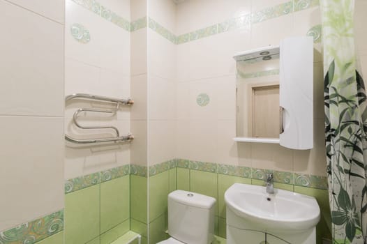 Russia, Moscow- June 11, 2019: interior room apartment. standard repair decoration in hostel. bathroom and toilet