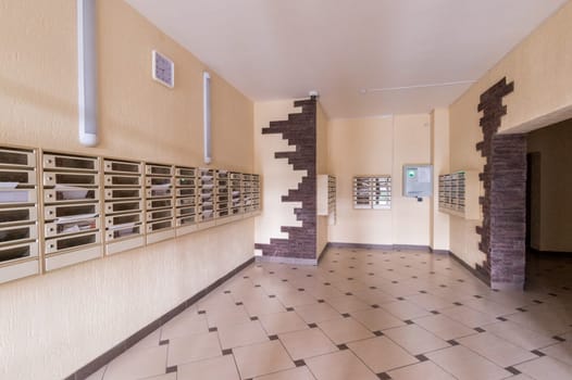 Russia, Moscow- June 11, 2019: interior room apartment. standard repair decoration in hostel. public place, staircase
