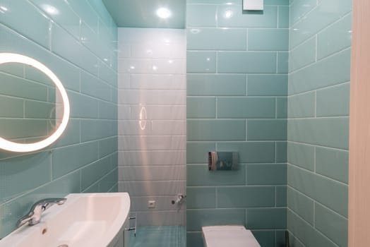 Russia, Moscow- June 11, 2019: interior room apartment. modern bathroom, sink, decoration elements, toilet