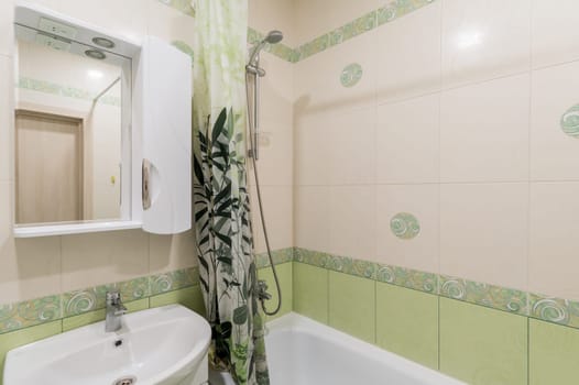 Russia, Moscow- June 11, 2019: interior room apartment. standard repair decoration in hostel. bathroom and toilet