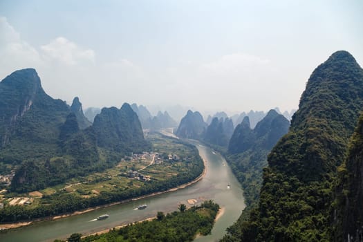 View of the scenic Guilin Mountains on a clear day, Yangshuo, China