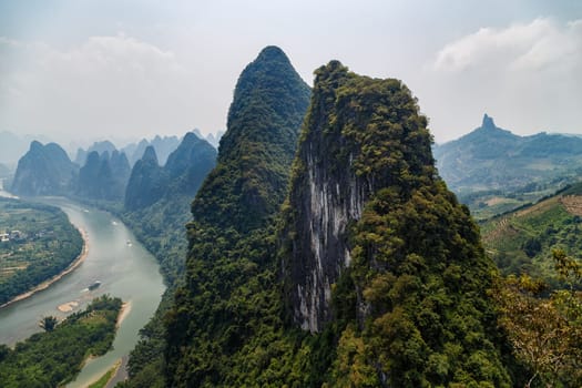 View of the scenic Guilin Mountains on a clear day, Yangshuo, China