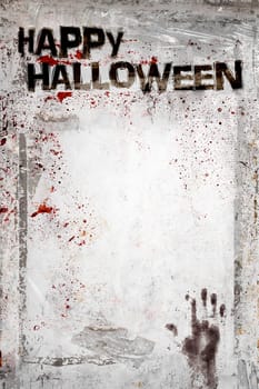Happy Halloween background with grungy frame, bloody handprints, remains of scotch tape and cellophane. Fully editable. It can be used as a party invitation, food menu, poster, wallpaper, design t-shirts and more.