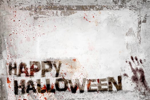 Happy Halloween background with grungy frame, bloody handprints, remains of scotch tape and cellophane. Fully editable. It can be used as a party invitation, food menu, poster, wallpaper, design t-shirts and more.