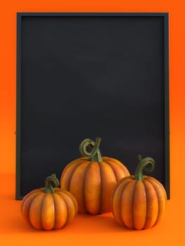 3D rendering of a halloween fall pumpkin greeting card with a big blackboard to write your message on and three pumpkins.