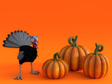 3D rendering of a silly cartoon turkey with three pumpkins on a fall pumpkin greeting card.