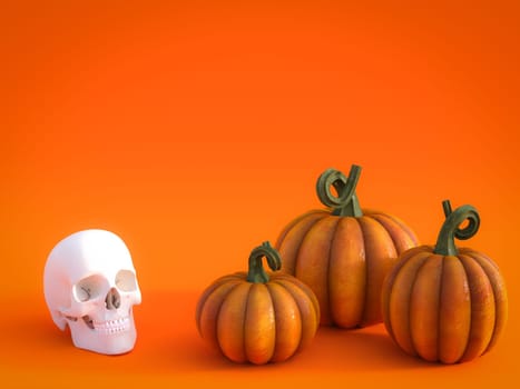 3D rendering of a halloween fall pumpkin greeting card with a skull and three pumpkins in the bottom and lots of copyspace above to fill in your message.
