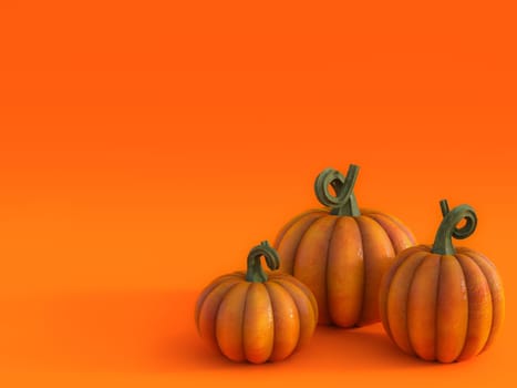 3D rendering of a halloween fall pumpkin greeting card with three pumpkins in the bottom right corner and lots of copyspace to fill in your message.