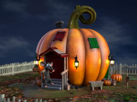 3D rendering of a cute smiling cartoon mouse standing outside a fantasy pumpkin house in a fairytale garden.