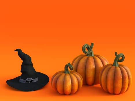 3D rendering of a halloween fall pumpkin greeting card with a witch hat and three pumpkins in the bottom and lots of copyspace above to fill in your message.