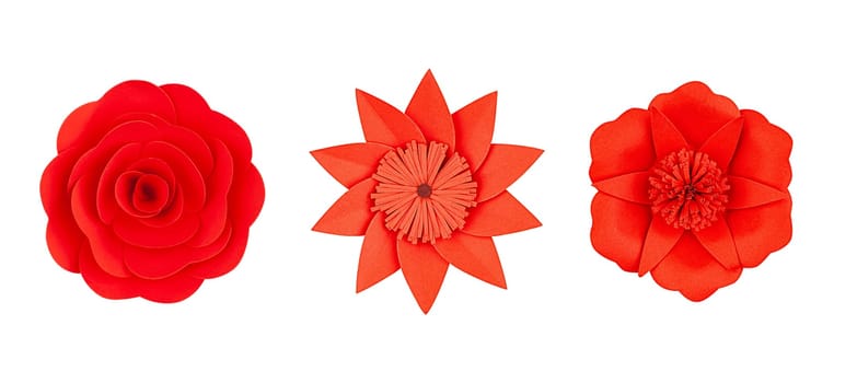 Set red paper flower handmade, top view, isolated