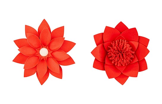 Set red paper flower handmade, top view, isolated