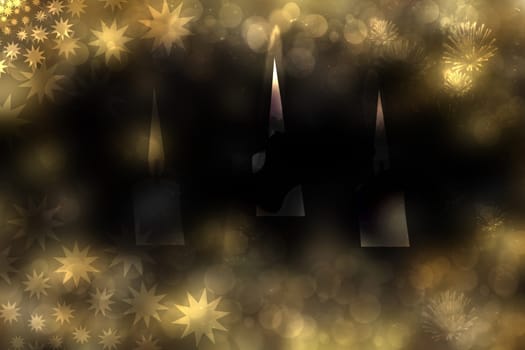 A festive abstract Happy New Year or Christmas texture background with colorful gold yellow blurred bokeh lights and stars. Dark space with candles lights for design. Card concept or sale advertising.