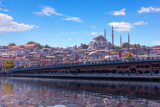 Famous Suleymaniye Mosque and the Galata Bridge, Istanbul.