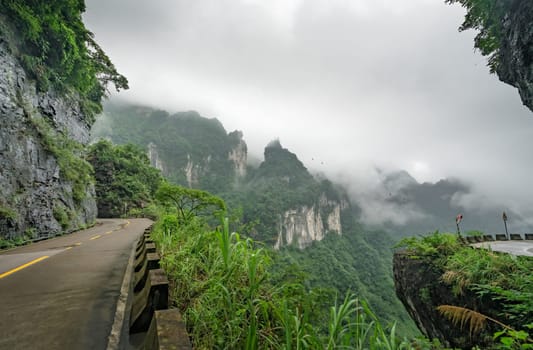 Dangerous sharp turns on the winding road of 99 turns to the top of the Tianmen Mountain, Zhangjiajie National Park, Hunan, China