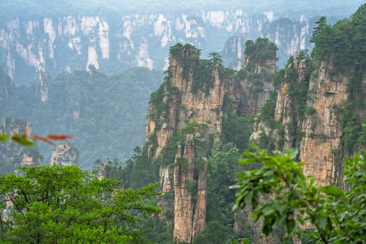 View from the scenic platform lookout of the stone pillars of Tianzi mountains in Zhangjiajie National park which is a famous tourist attraction, Wulingyuan, Hunan Province, China