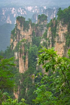 Vertical view of the stone pillars of Tianzi mountains in Zhangjiajie National park which is a famous tourist attraction, Wulingyuan, Hunan Province, China
