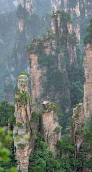 Vertical view of the stone pillars of Tianzi mountains in Zhangjiajie National park which is a famous tourist attraction, Wulingyuan, Hunan Province, China