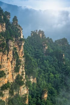 Vertical view of the stone pillars of Tianzi mountains in Zhangjiajie National park which is a famous tourist attraction, Wulingyuan, Hunan Province, China