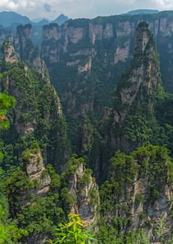 Vertical karst pillar rock formations as seen from the Enchanting terrace viewpoint, Avatar mountains nature park, Zhangjiajie, China