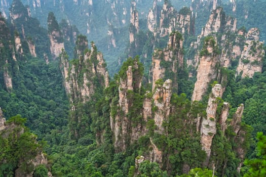 Panoramic view of the stone pillars of Tianzi mountains in Zhangjiajie National park which is a famous tourist attraction, Wulingyuan, Hunan Province, China
