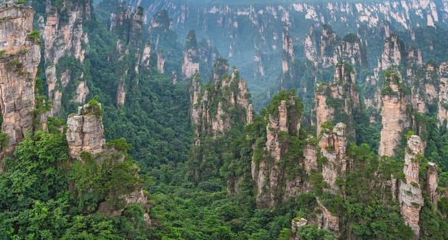 Panoramic view of the stone pillars of Tianzi mountains in Zhangjiajie National park which is a famous tourist attraction, Wulingyuan, Hunan Province, China
