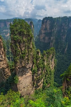 Vertical karst pillar rock formations as seen from the Enchanting terrace viewpoint, Avatar mountains nature park, Zhangjiajie, China