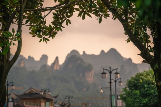 Stunningly beautiful rocky karst mountain formations as seen from the centre of Wulingyuan town, Hunan Province, China