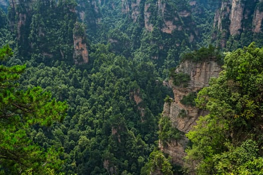 Vertical karst pillar rock formations as seen from the Enchanting terrace viewpoint, Avatar mountains nature park, Zhangjiajie, China