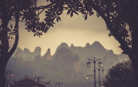 Stunningly beautiful rocky karst mountain formations as seen from the centre of Wulingyuan town, Hunan Province, China