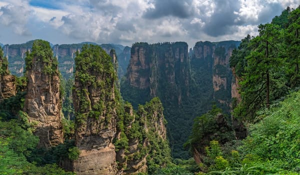Vertical karst pillar rock formations as seen from the Enchanting terrace viewpoint, Avatar mountains nature park, Zhangjiajie, China