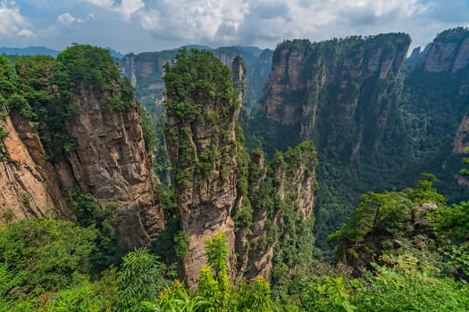 Vertical karst pillar rock formations as seen from the Enchanting terrace viewpoint, Avatar mountains nature park, Zhangjiajie, China