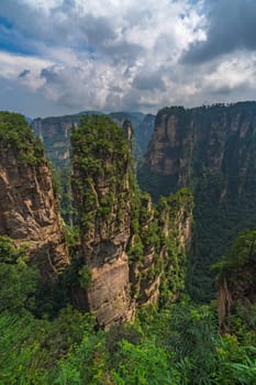 Vertical karst pillar rock formations as seen from the Enchanting terrace viewpoint, Avatar mountains nature park, Zhangjiajie, China