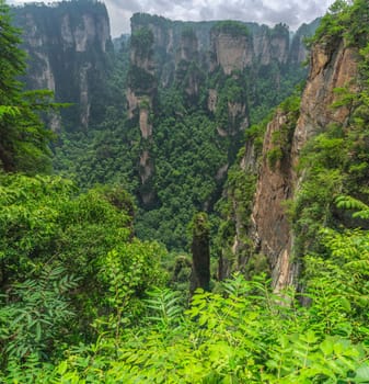 Scenic viewpoint near the Greatest Natural Bridge also known as Tian Qiao Sky Bridge, Avatar mountains nature park, Zhangjiajie, China