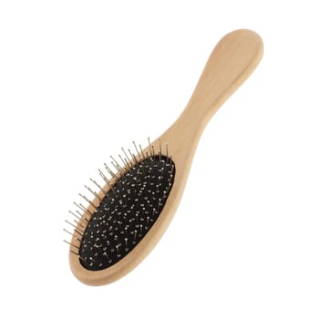 A wooden hair brush inclined bottom left isolated on white with clipping path