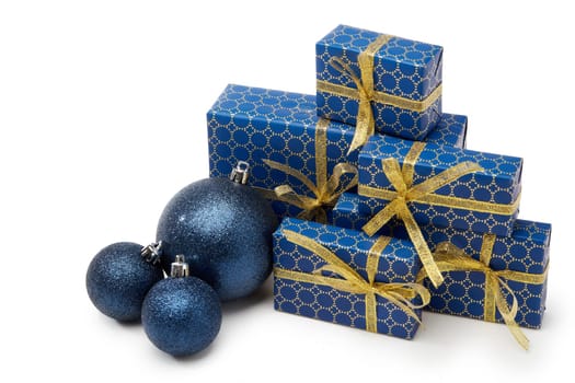 Gift boxes and Christmas decoration isolated on white background. Christmas and New Year shopping. Greeting card