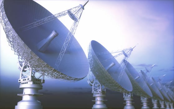 Alignment of giant satellite dishes for signal. 3D illustration, concept of science and technology of communication.
