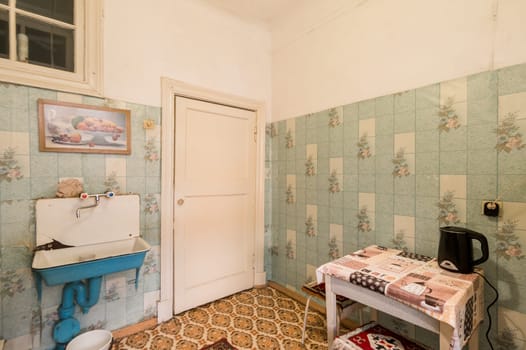 Russia, Moscow- June 11, 2019: interior room apartment. standard repair decoration in hostel. kitchen and dining room