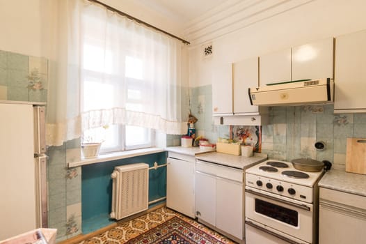 Russia, Moscow- June 11, 2019: interior room apartment. standard repair decoration in hostel. kitchen and dining room