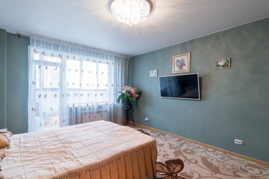 Russia, Moscow- June 11, 2019: interior room apartment. standard repair decoration in hostel