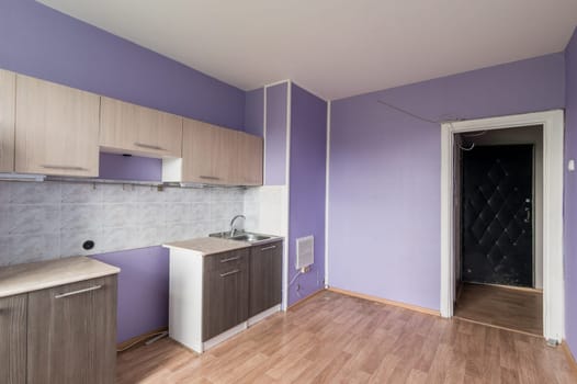 Russia, Moscow- June 11, 2019: interior room apartment. standard repair decoration in hostel. kitchen and dining room