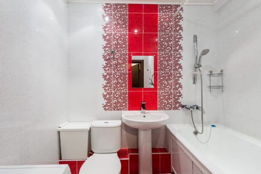 Russia, Moscow- June 11, 2019: interior room apartment. standard repair decoration in hostel. bathroom and toilet