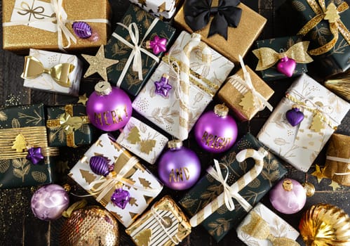Festive gift wrapped presents for a merry Christmas