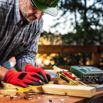 Adult carpenter craftsman wearing helmet and protective gloves, with a pencil and the carpenter's square trace the cutting line on a wooden table. Construction industry, housework do it yourself. Stock photography.