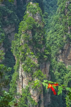Defocused memorial religious red ribbon attached to a leafy tree branch in front of vertical karst pillar rock formation as seen from the Enchanting terrace viewpoint, Avatar mountains nature park, Zhangjiajie, China