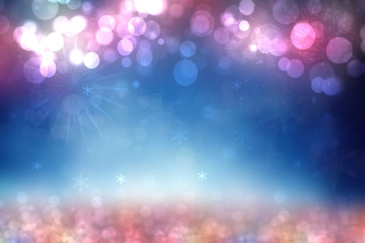 Abstract blurred festive delicate winter christmas or Happy New Year background with shiny blue pink and white bokeh lighted stars. Space for your design. Card concept.
