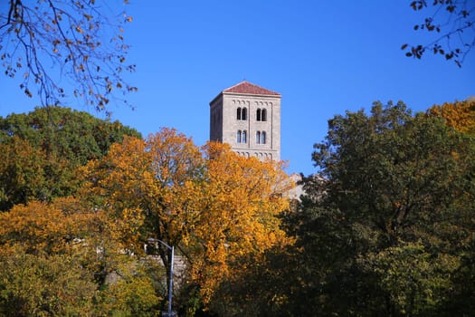 The cloisters tower and the foliage in Fort Tryon
