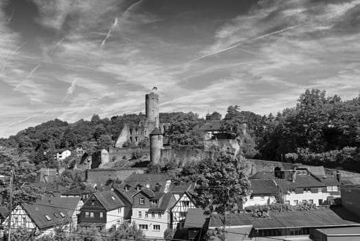 view of the castle ruin eppstein in black and white hesse germany