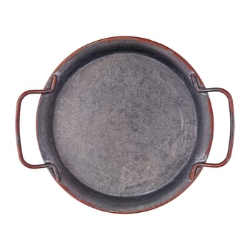 Rusty empty round metal tray with handles top view isolated